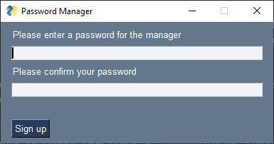 Sign up screen with prompts for password and password confirmation